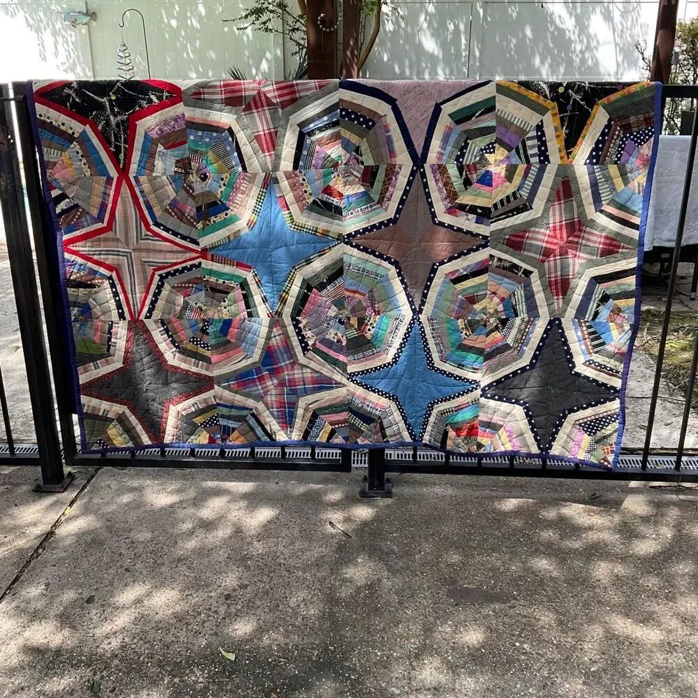 Vintage QUILT  Spider Web Octagon Blocks Boho Prints van life Hand Stitch 82x 65